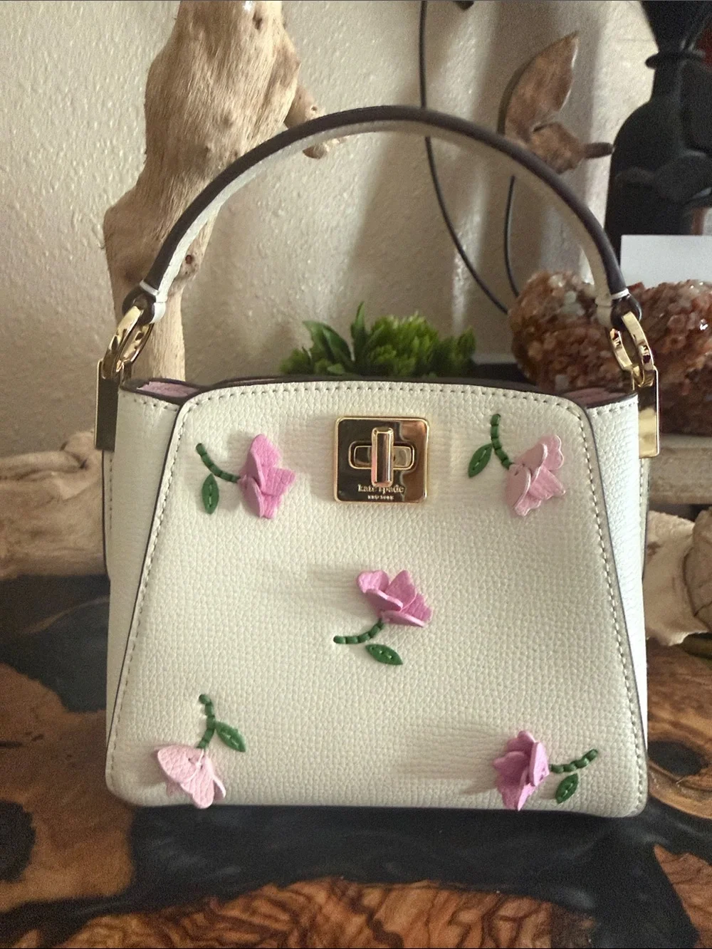 Kate Spade White Top-Handle Mini Bag with Pink Floral Appliqué, never used.